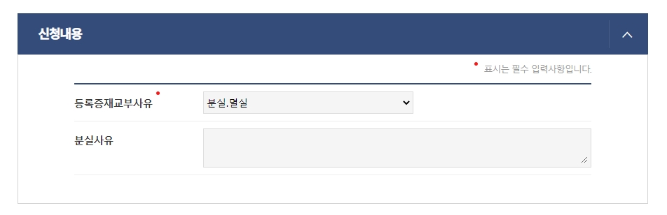 발급 받는 이유와 분실사유 기재하기